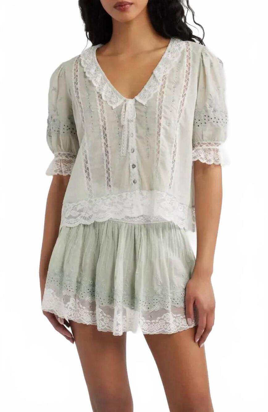 NEW LOVESHACKFANCY maurelle cotton lace blouse in green eau de nil